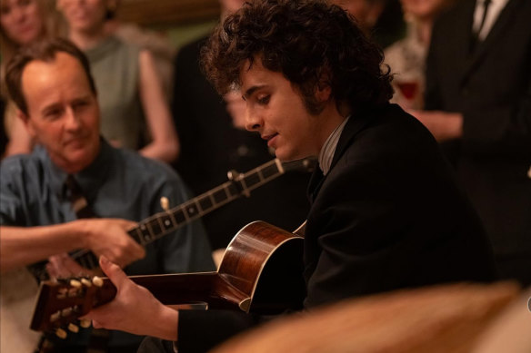 Timothee Chalamet, as Bob Dylan in A Complete Unknown, is up for best compilation soundtrack for visual media.