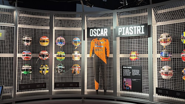 A large number of Oscar Piastri's helmets are on display in Melbourne. 
