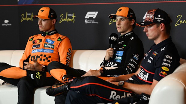 From left to right: Lando Norris, Oscar Piastri and Max Verstappen.