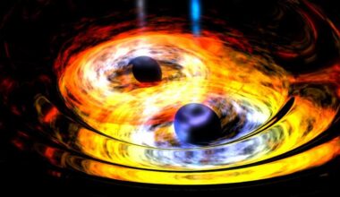 An artist's concept of two black holes circling each other before merging.