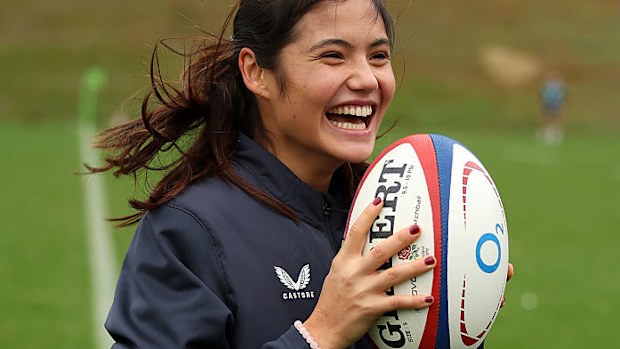 British tennis player Emma Raducanu visits the England training session.