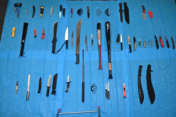 Weapons seized by Victoria Police during a weekend-long designated area operation in Melbourne earlier this year.