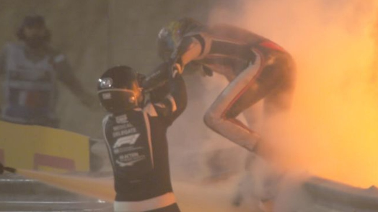 Romain Grosjean recalls 2020 Bahrain Grand Prix fireball crash, on this day, five-year anniversary, Kim Keedle, F1 Exhibition, Martin Brundle interview, safety in motorsport