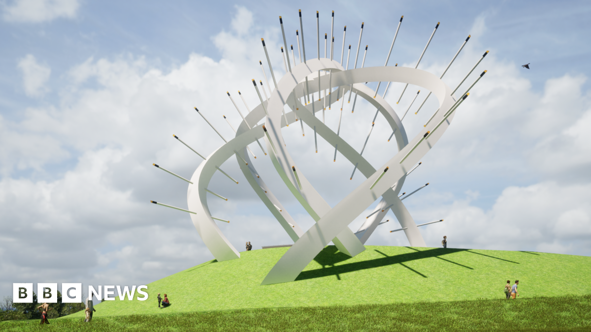 A computer generated view of a spiral sculpture with light spikes protruding from it on top of a mound of grass with people dotted around it.