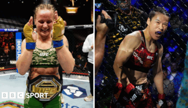 A split picture of Valentina Shevchenko and Zhang Weili
