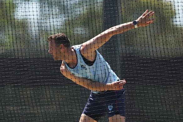 Josh Hazlewood bowls at Cricket NSW headquarters on Tuesday. 