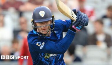Aneurin Donald plays a shot for Derbyshire