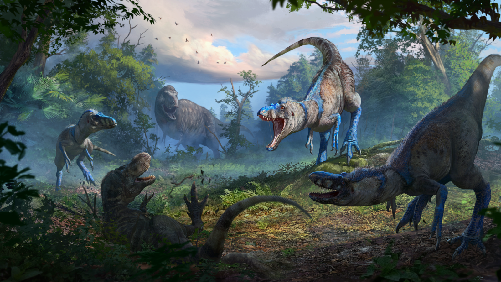 Artist illustration of a pack of Nanotyrannus attacks a juvenile T. rex