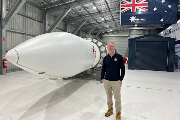 Adam Gilmour with Eris, which is 23 metres from tip to tail and is made of aluminium – light, cheap, easy to work with and to mass-produce.