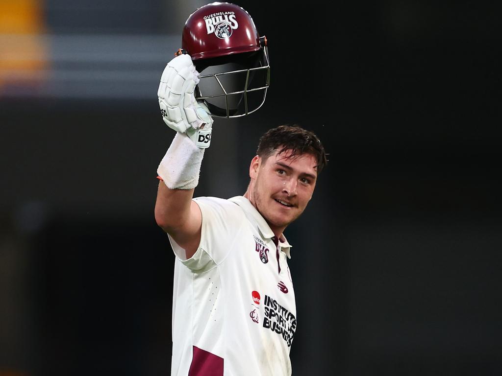 Matt Renshaw celebrates after scoring a century for Queensland against Victoria. Picture: Chris Hyde/Getty Images