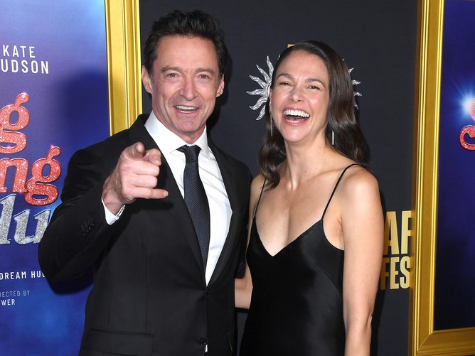 HOLLYWOOD, CALIFORNIA - OCTOBER 26: Hugh Jackman, Sutton Foster arrives at the 2025 AFI Fest - Closing Night Gala Premiere Of "Song Sung Blue" at TCL Chinese Theatre on October 26, 2025 in Hollywood, California. 