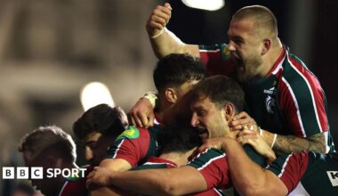 Leicester Tigers played celebrate exuberantly after scoring against rivals Northampton Saints