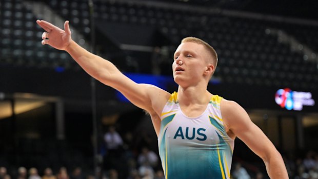 Ethan McGuinness celebrates his final tumbling pass in Navarra Arena, with a certain facial accessory. 