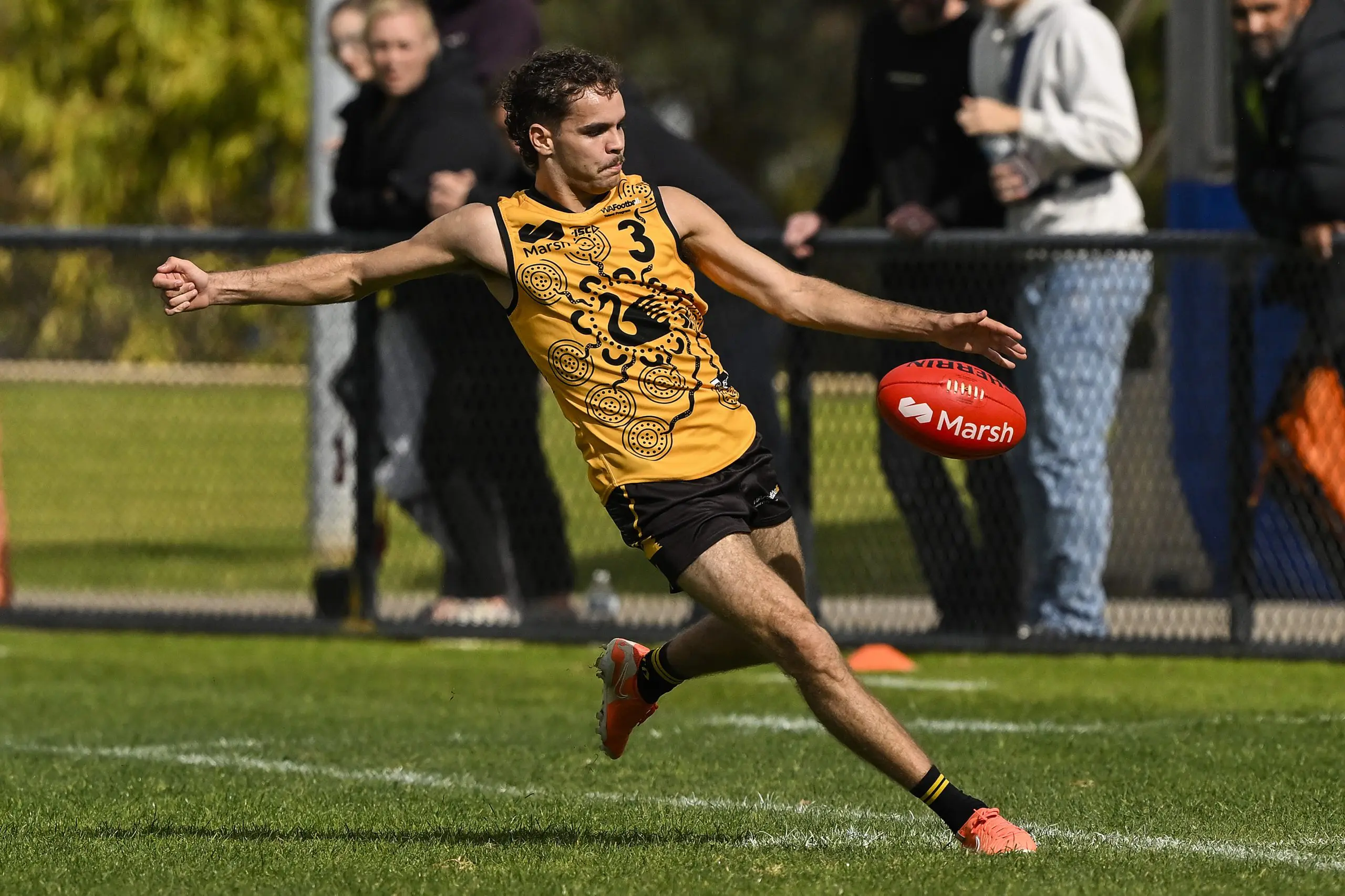 PERTH, AUSTRALIA - JULY 06: Tylah Williams of Western Australia kicks during the Marsh AFL National Championships U18 Boys match between Western Australia and Victoria Metro at The Good Grocer Park, on July 06, 2025, in Perth, Australia. (Photo by Stefan Gosatti/AFL Photos)