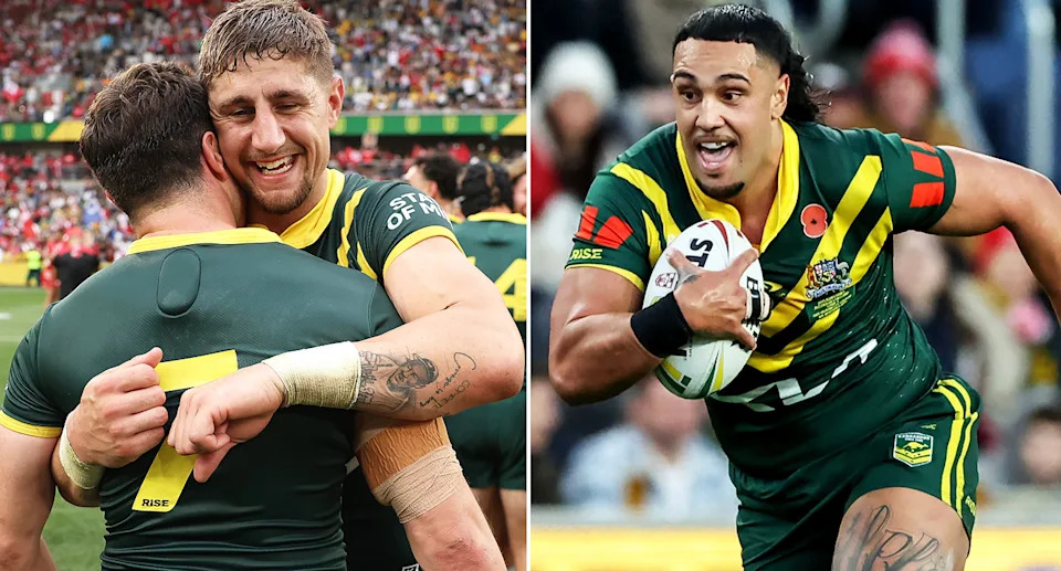 Zac Lomax and Keaon Koloamatangi in action for the Kangaroos.