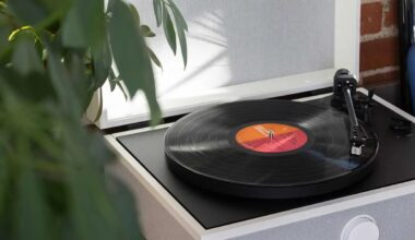 White turntable with a black vinyl record playing, partially obscured by green plant leaves.