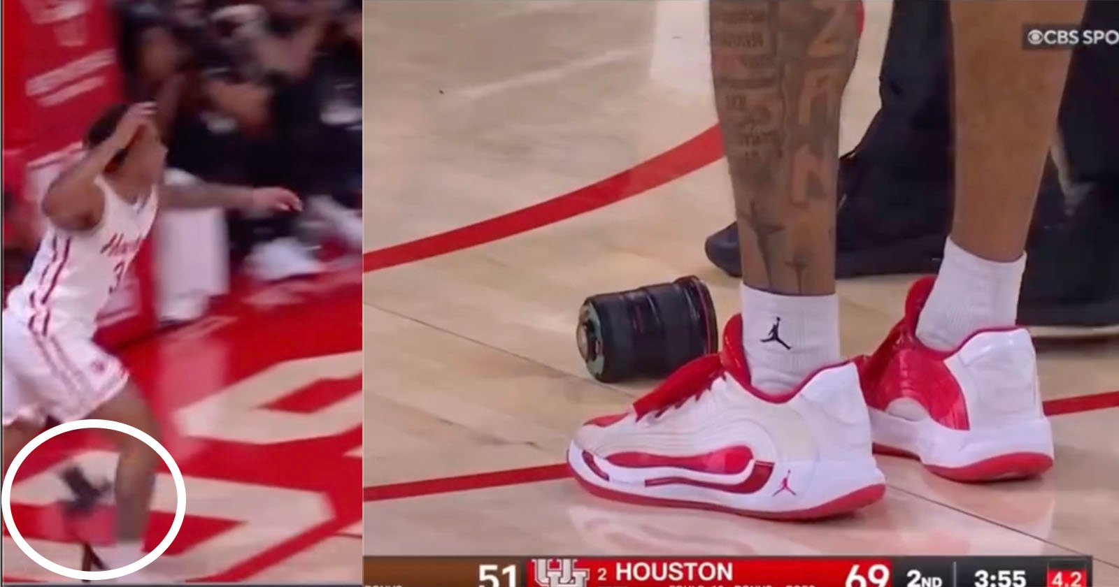 A basketball player steps on a camera near the court boundary; a close-up shows his red and white sneakers next to the camera, with part of his tattooed leg visible. The scoreboard shows Houston leading 69-51.