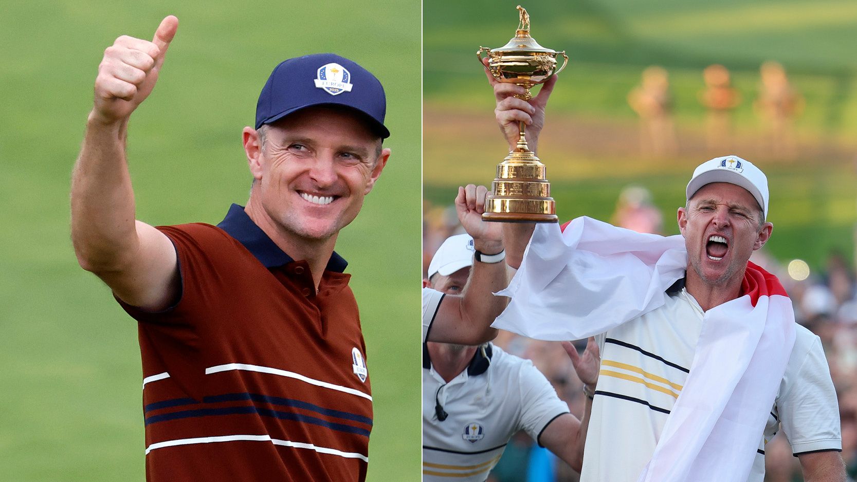 Justin Rose puts his thumb up and also celebrates with the Ryder Cup
