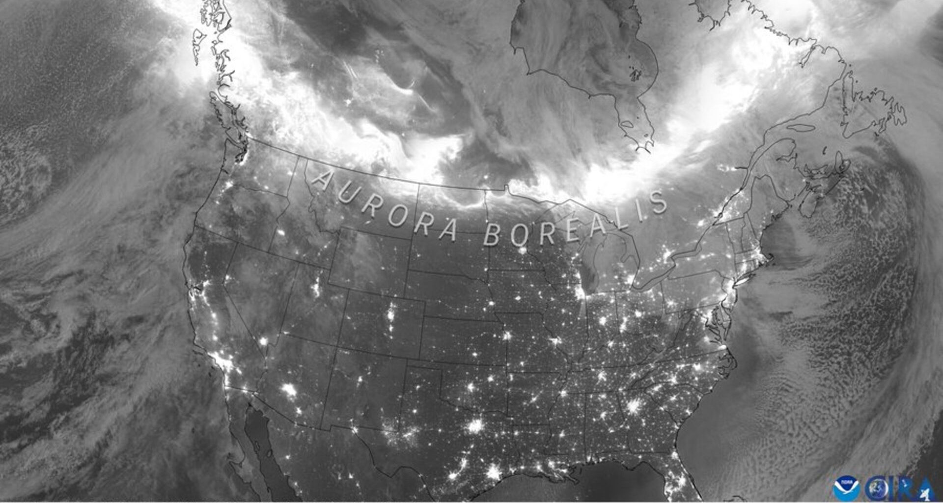 A grayscale map of the US and Canada showing lights where auroras occurred, with a giant light ribbon at the top over Canada.