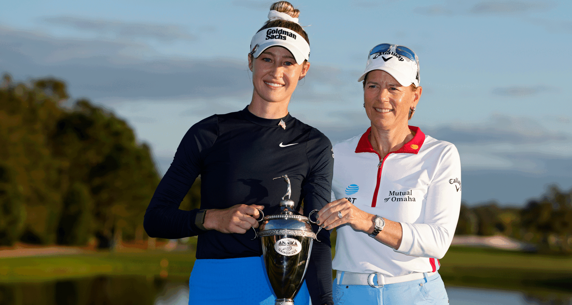 Nelly Korda and Annika Sorenstam pose with The Annika trophy after the former's win in 2024