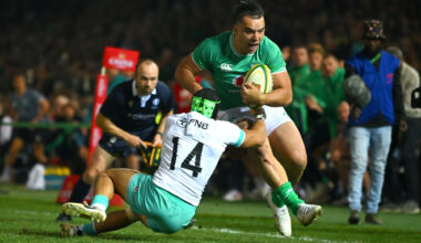 Ireland's James Lowe is tackled by South Africa's Cheslin Kolbe during the 2024 Test in Pretoria