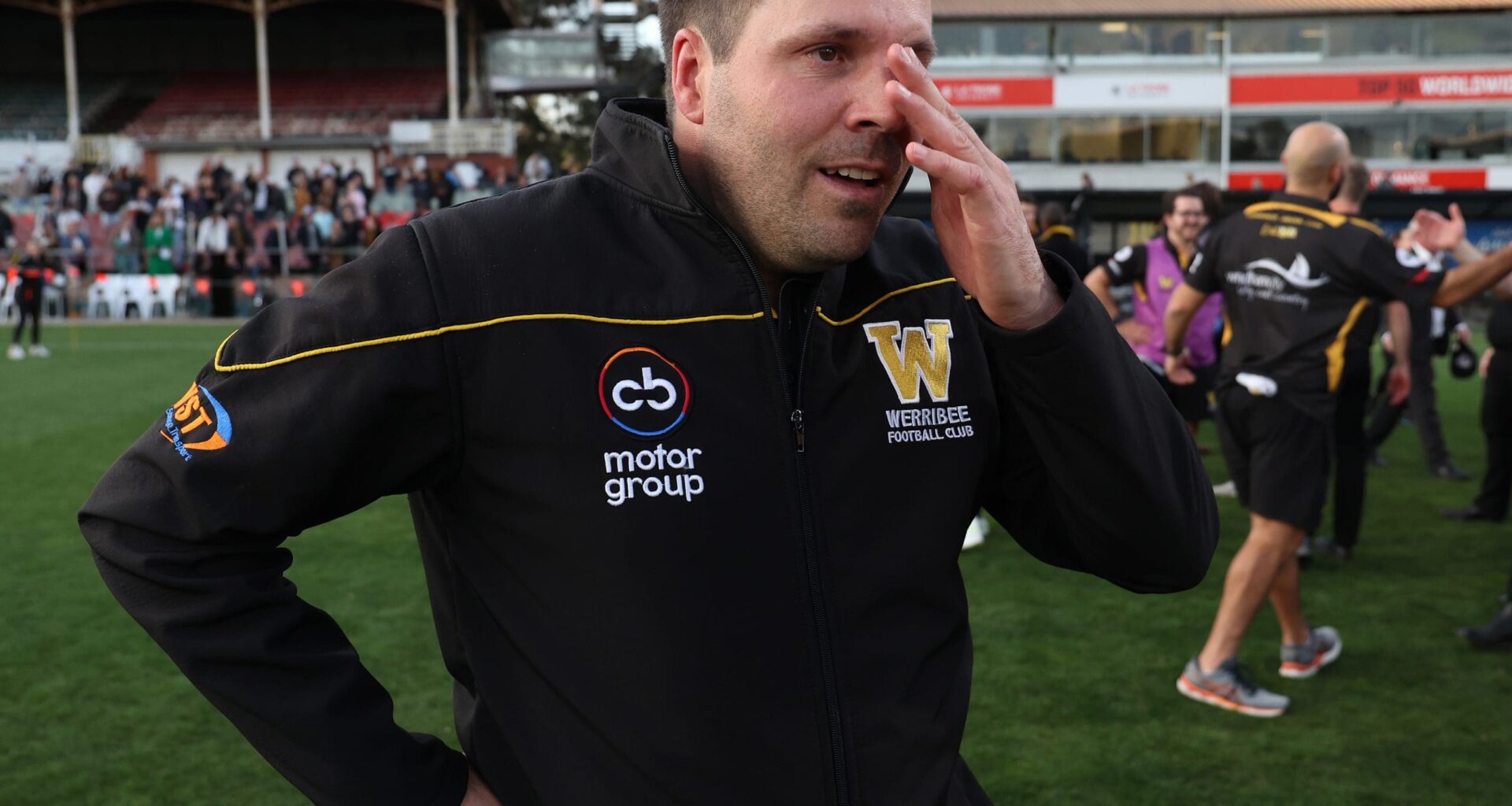 MELBOURNE, AUSTRALIA - SEPTEMBER 22: An emotional Werribee coach Jimmy Allan celebrates after winning the 2024 VFL Grand Final match between Werribee and the Southport Sharks at IKON Park on September 22, 2024 in Melbourne, Australia. (Photo by Rob Lawson/AFL Photos via Getty Images)