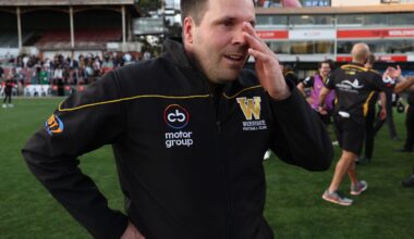 MELBOURNE, AUSTRALIA - SEPTEMBER 22: An emotional Werribee coach Jimmy Allan celebrates after winning the 2024 VFL Grand Final match between Werribee and the Southport Sharks at IKON Park on September 22, 2024 in Melbourne, Australia. (Photo by Rob Lawson/AFL Photos via Getty Images)