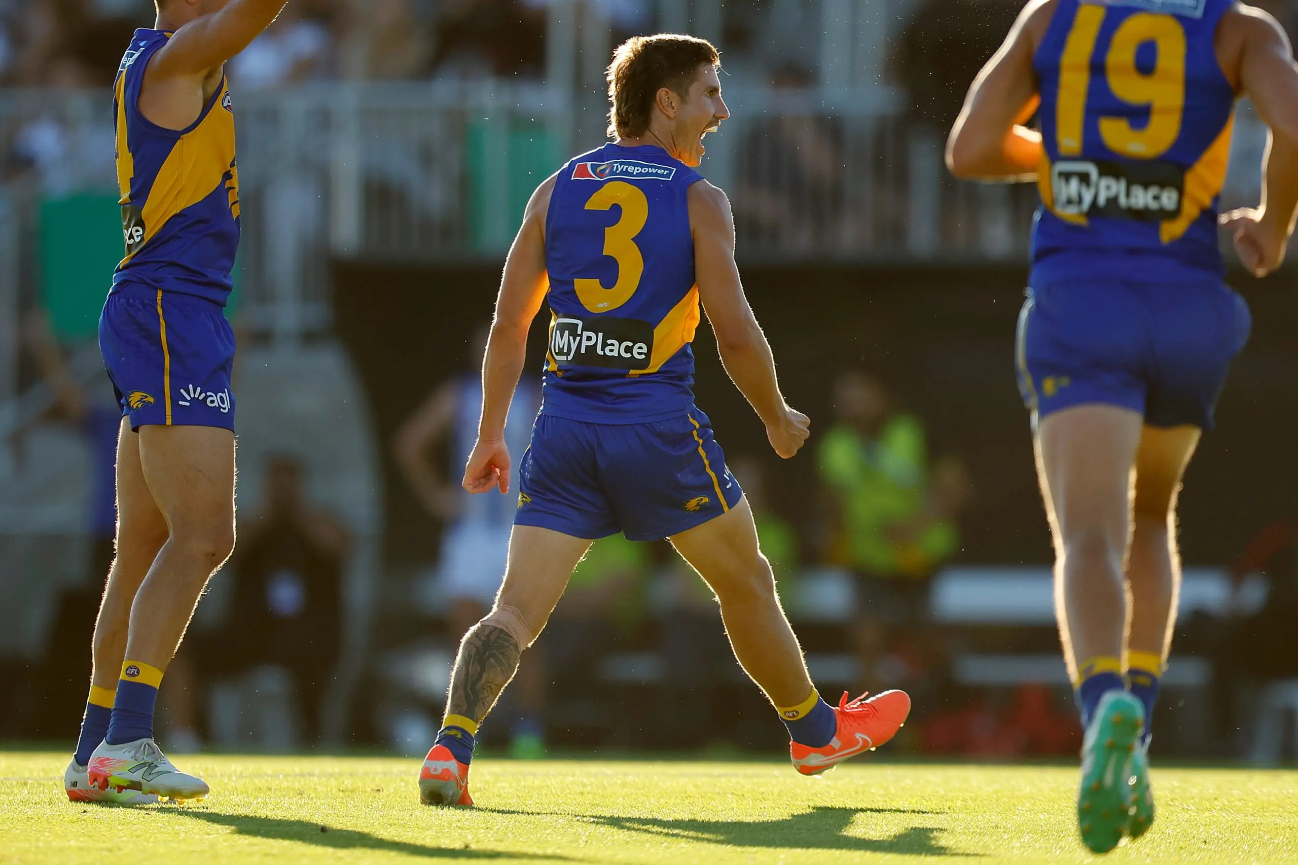 PERTH, AUSTRALIA - MARCH 01: Liam Baker of the Eagles celebrates the winning goal during the 2025 AAMI AFL Community Series match between West Coast Eagles and North Melbourne Kangaroos at Hands Oval on March 01, 2025 in Bunbury, Australia. (Photo by James Worsfold/Getty Images)