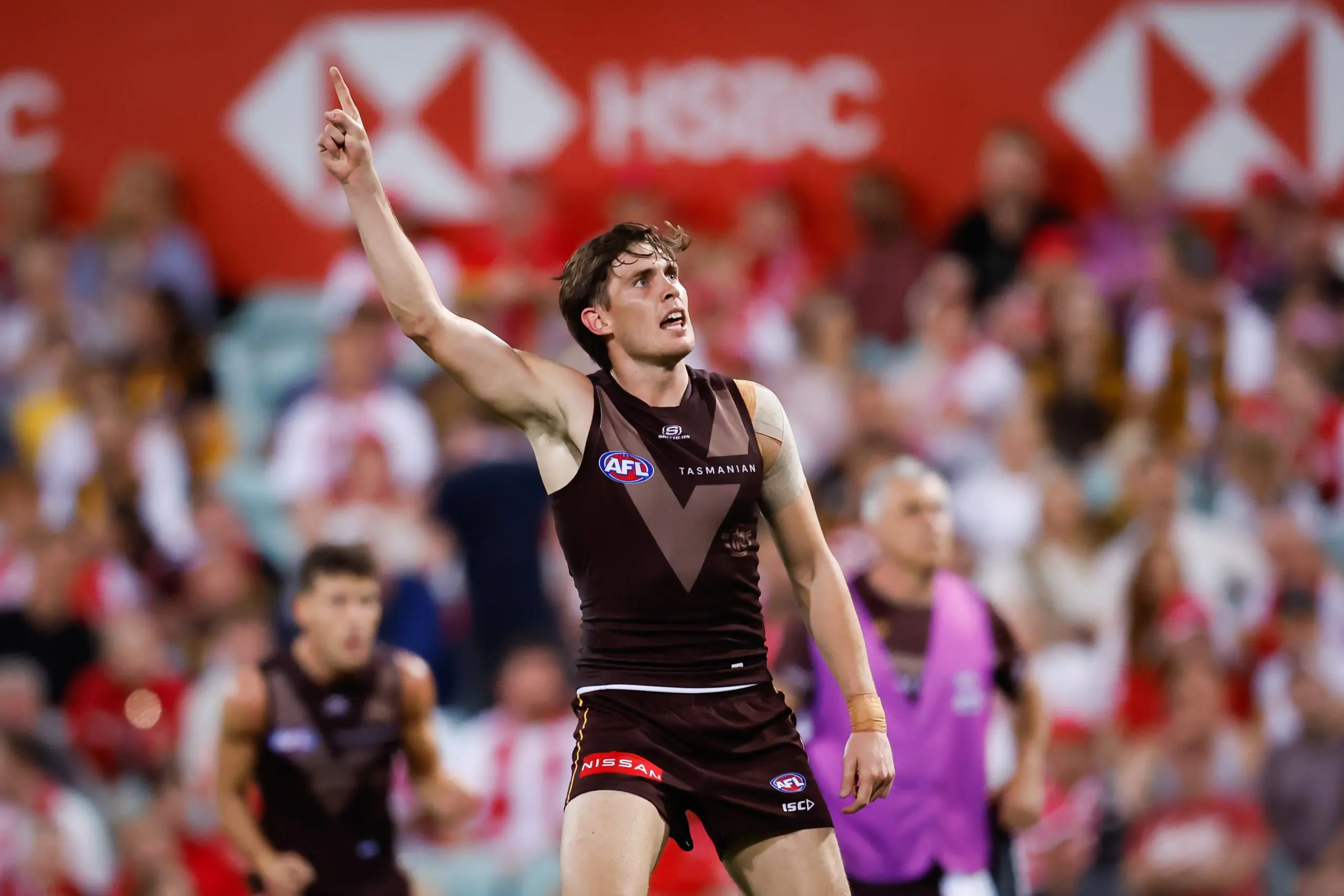 SYDNEY, AUSTRALIA - MARCH 07: Will Day of the Hawks celebrates a goal during the 2025 AFL Opening Round match between the Sydney Swans and the Hawthorn Hawks at the Sydney Cricket Ground on March 7, 2025 in Sydney, Australia. (Photo by Dylan Burns/AFL Photos via Getty Images)