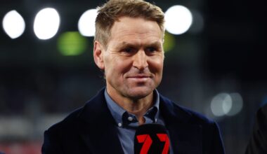 GEELONG, AUSTRALIA - MAY 22: Kane Cornes speaks as a part of media commitments during the round 11 AFL match between Geelong Cats and Western Bulldogs at GMHBA Stadium, on May 22, 2025, in Geelong, Australia. (Photo by Morgan Hancock/Getty Images)