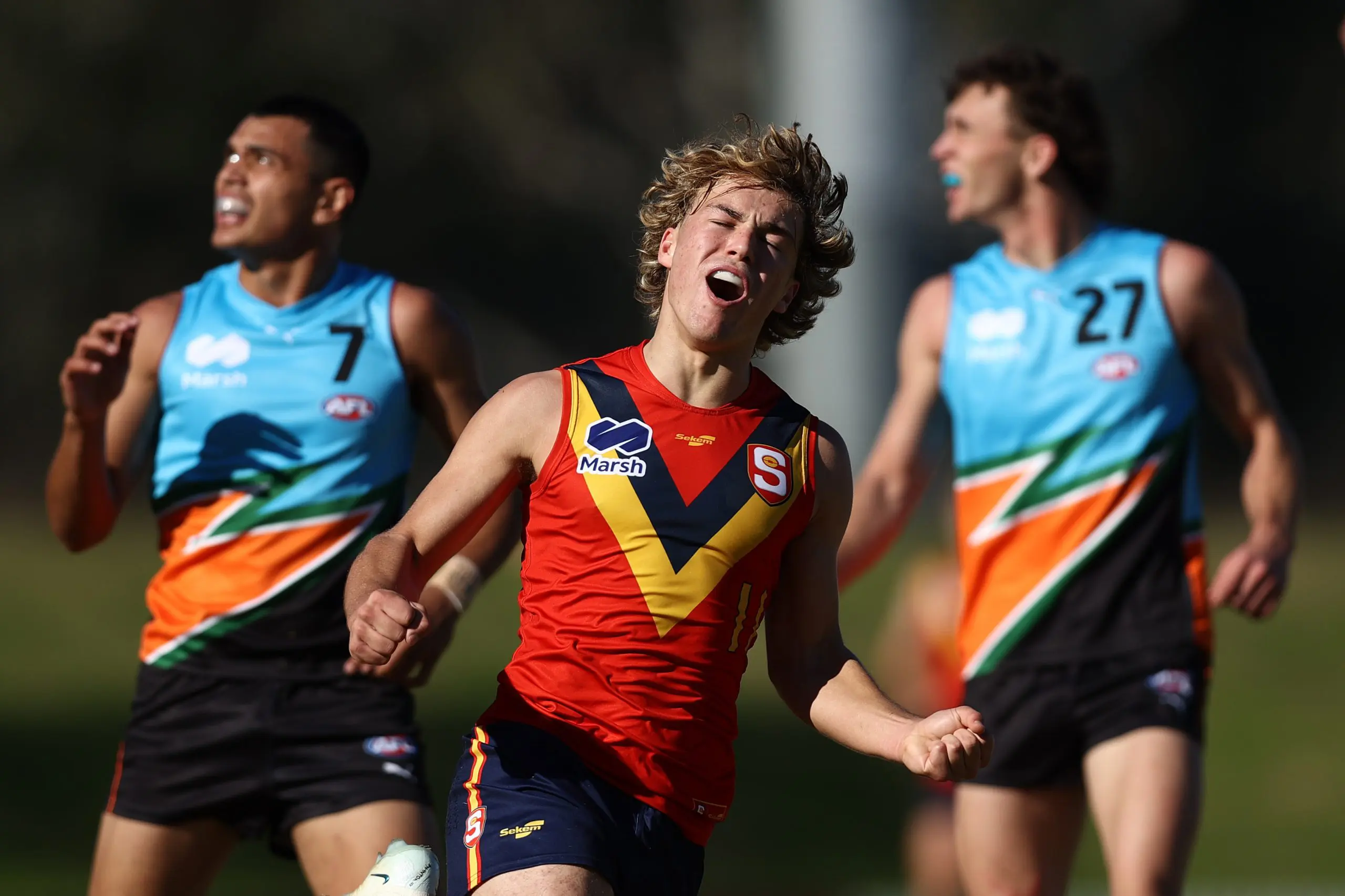 SYDNEY, AUSTRALIA - JUNE 01: Zane Peucker of South Australia celebrates kicking a goal during the Marsh AFL National Championships U18 Boys match between Allies and South Australia at Blacktown International Sportspark on June 01, 2025 in Sydney, Australia. (Photo by Jason McCawley/AFL Photos/via Getty Images)