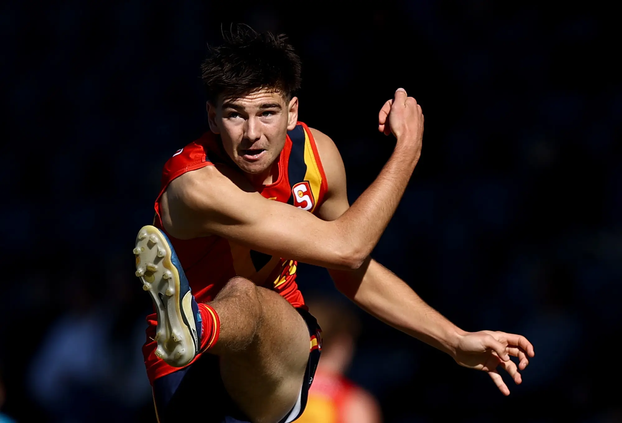 SYDNEY, AUSTRALIA - JUNE 01: Cameron Nairn of South Australia kicks during the Marsh AFL National Championships U18 Boys match between Allies and South Australia at Blacktown International Sportspark on June 01, 2025 in Sydney, Australia. (Photo by Jason McCawley/AFL Photos/via Getty Images)