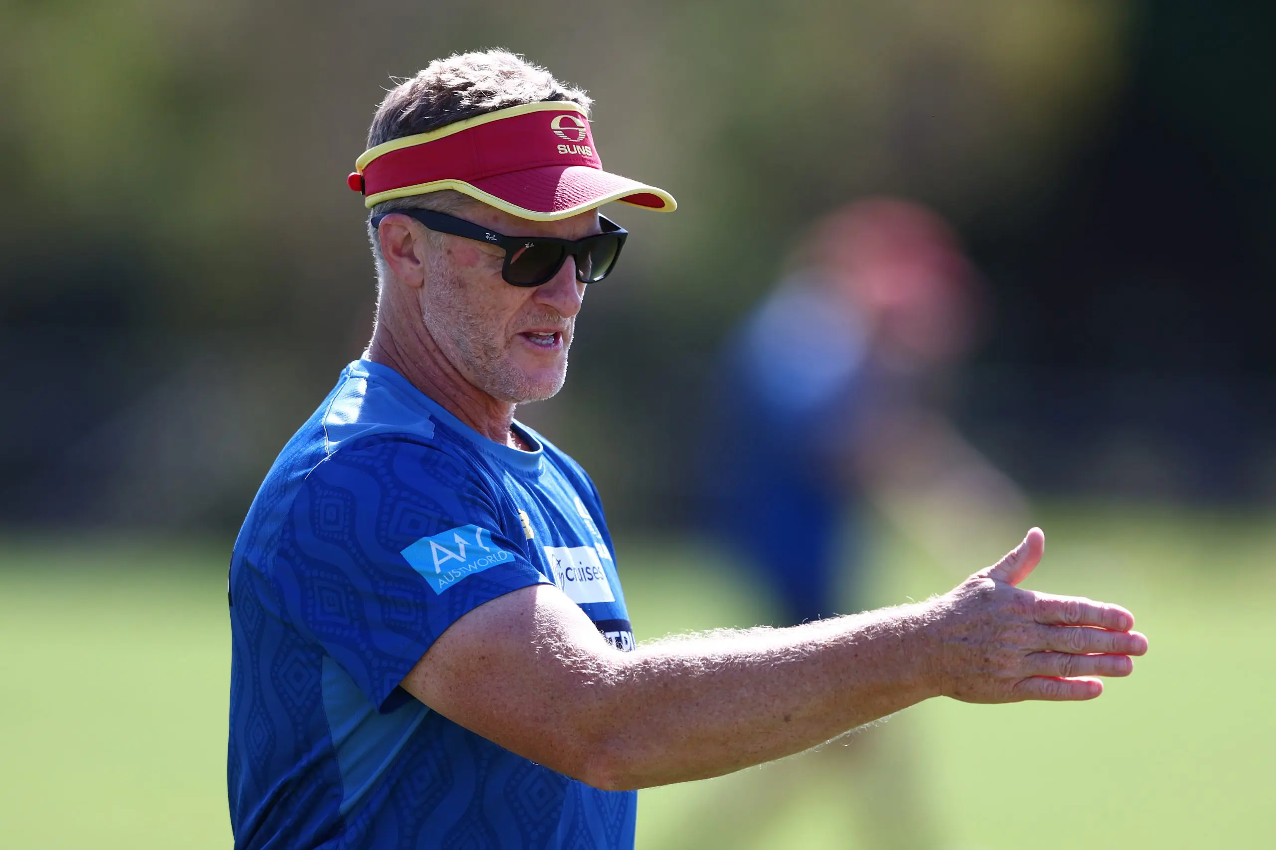 GOLD COAST, AUSTRALIA - AUGUST 12: Suns head coach Damien Hardwick looks on during a Gold Coast Suns AFL training session at Austworld Centre on August 12, 2025 in Gold Coast, Australia. (Photo by Chris Hyde/Getty Images)