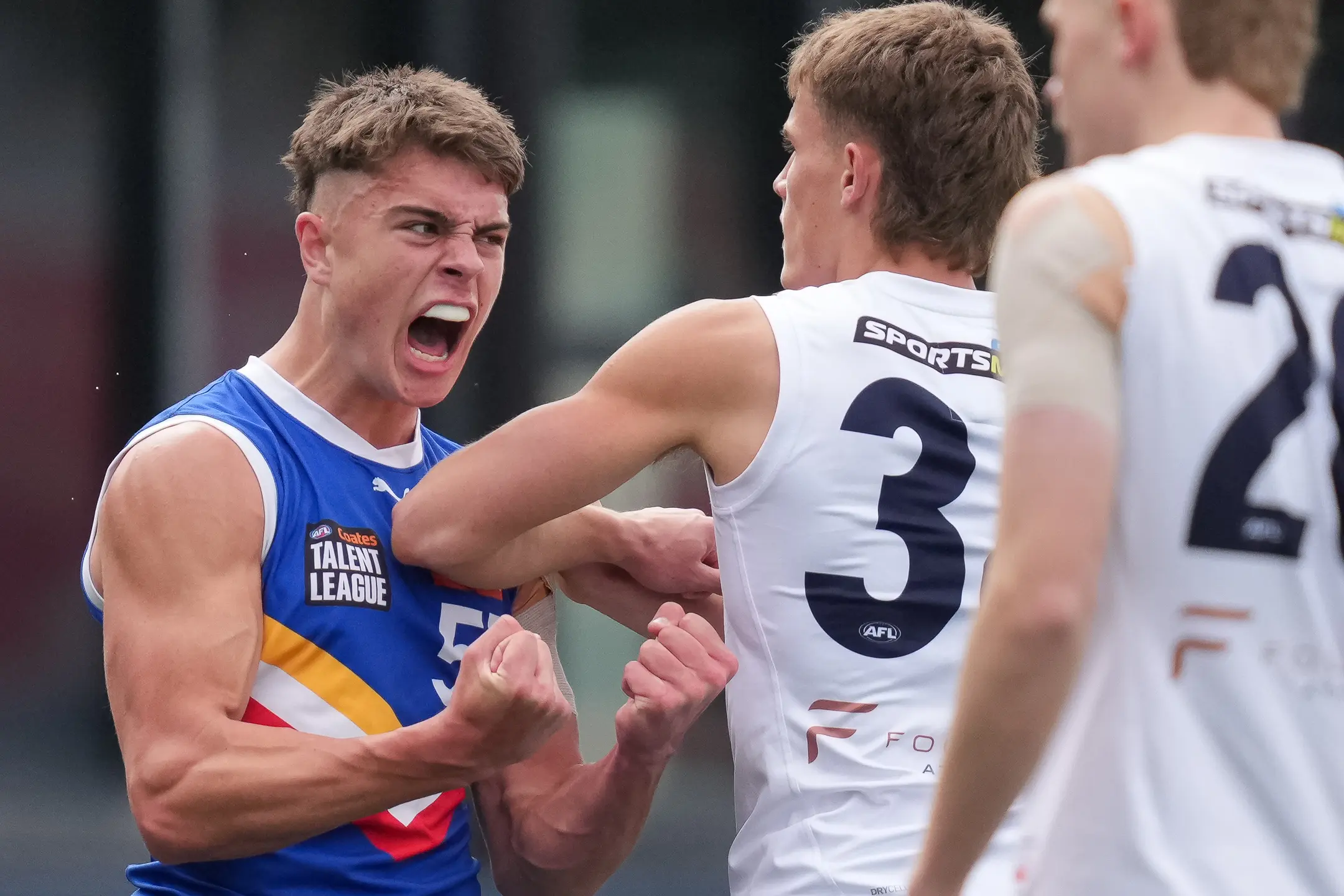 MELBOURNE, AUSTRALIA - SEPTEMBER 20: Sullivan Robey of the Eastern Ranges celebrates after scoring a goal during the Coates Talent League Boys Grand Final between Eastern Ranges and Sandringham Dragons at Ikon Park on September 20, 2025 in Melbourne, Australia. (Photo by Asanka Ratnayake/AFL Photos/via Getty Images)