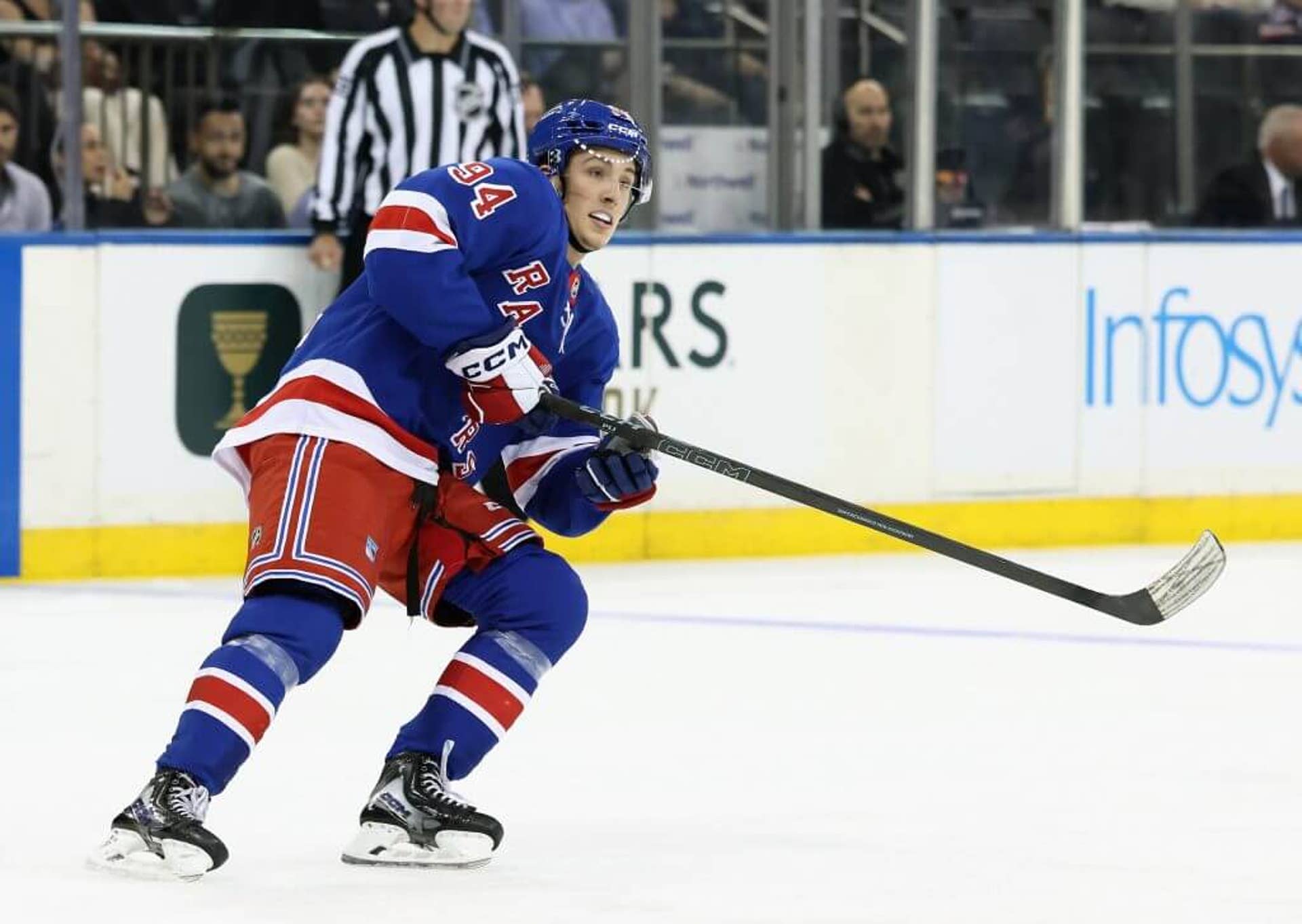 Gabe Perreault skates during a preseason Rangers game.