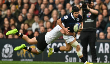 New Zealand's Leroy Carter tackles Scotland's Darcy Graham during the 2025 Autumn Nations Series match in Edinburgh
