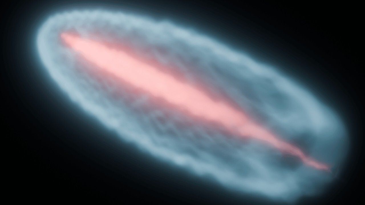 A streak of pink representing an ion beam surrounded by an ovular blue energy cloud