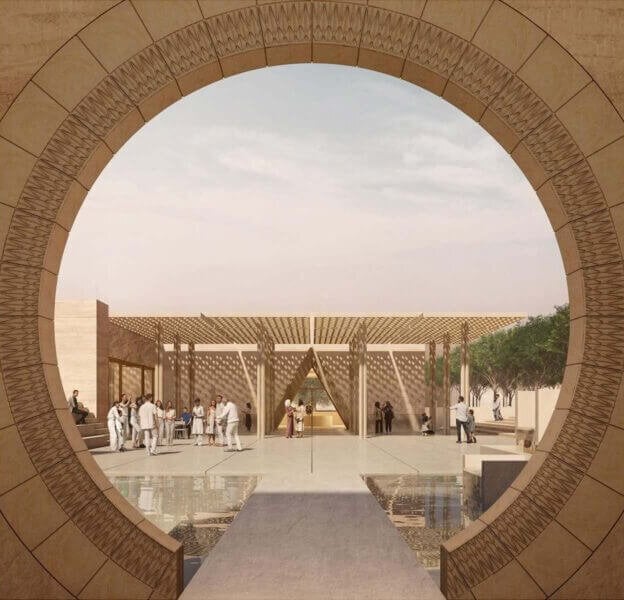 Circle and triangle doorways face another. 