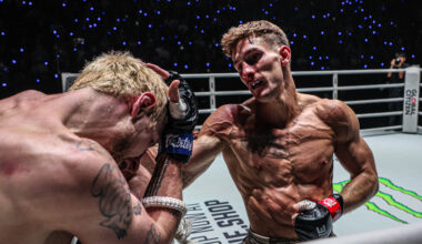 Muay Thai fighter Nico Carrillo punches Luke Lessei in the corner