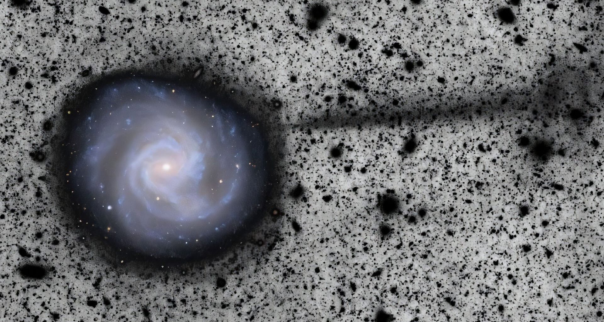 An image of a spiral galaxy on a splotchy black and white background with a stream of black material emerging from the galaxy
