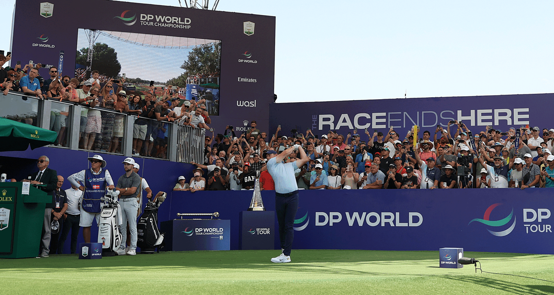 Rory McIlroy tees off during the final round of the 2025 DP World Tour Championship
