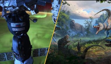 A geomagnetic storm above Earth and Nanotyrannus dinosaurs attacking a T. rex