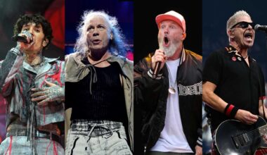 Oli Sykes, Bruce Dickinson, Fred Durst and Dexter Holland onstage (composite image)