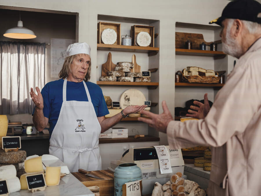 Nigel Tufnel and director Marty DiBergi at the guitarist&rsquo;s cheese shop in Berwick-upon-Tweed.