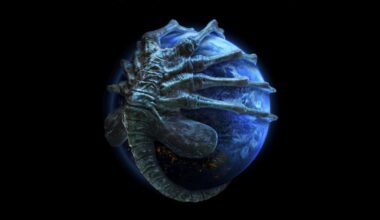 A facehugger wraps around a render of Earth