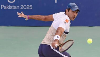 Aisam-Ul-Haq Qureshi in action at an ATP Challenger Tour event in Islamabad.