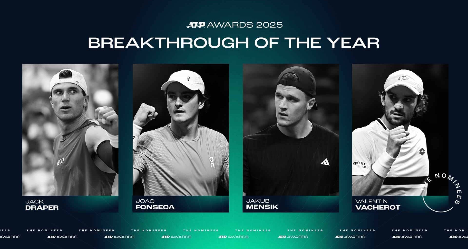 Jack Draper, Joao Fonseca, Jakub Mensik and Valentin Vacherot have been nominated for Breakthrough of the Year in the 2025 ATP Awards.