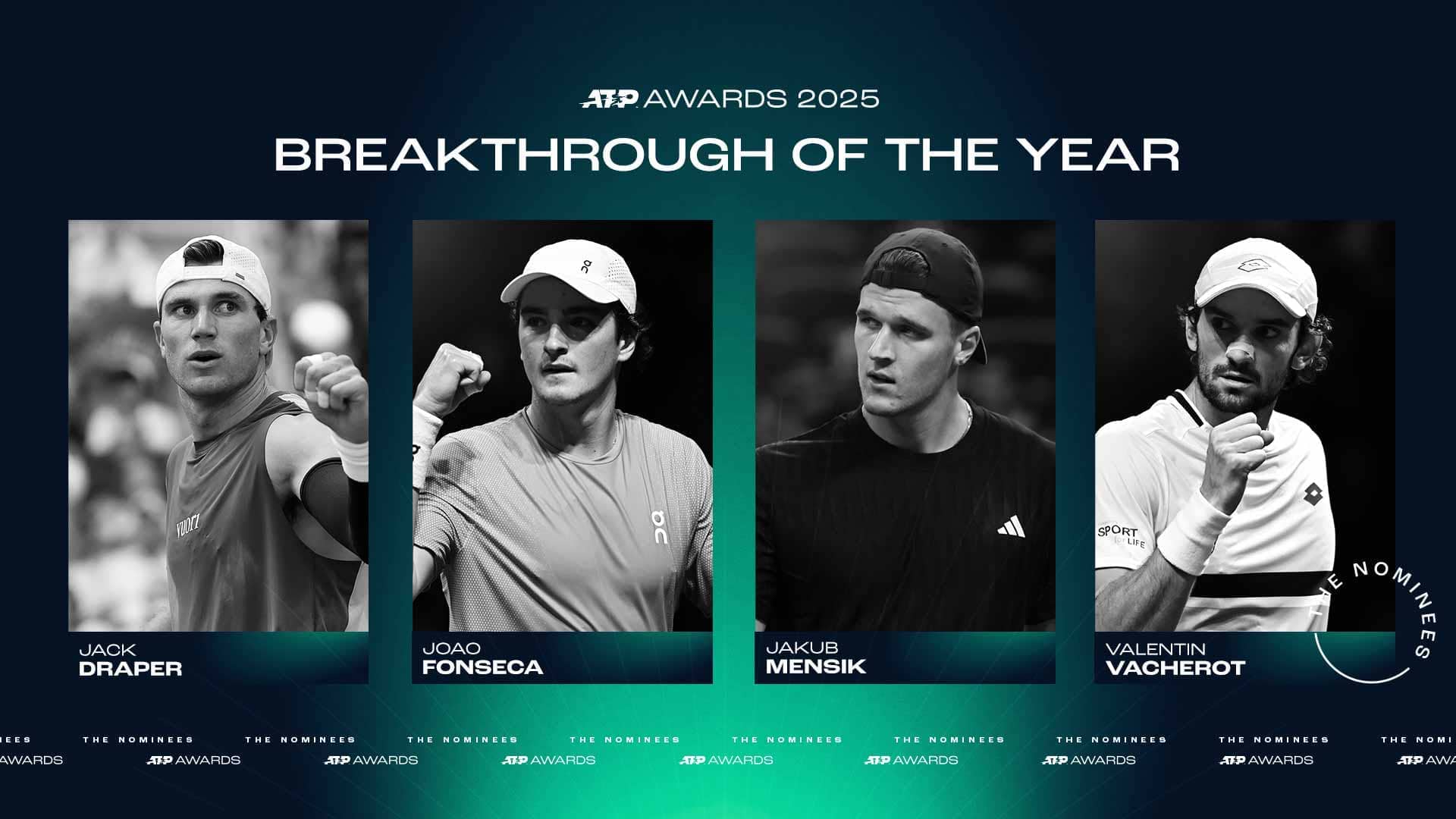 Jack Draper, Joao Fonseca, Jakub Mensik and Valentin Vacherot have been nominated for Breakthrough of the Year in the 2025 ATP Awards.