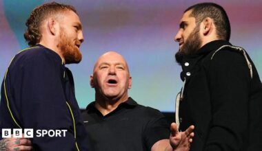 Jack Della Maddalena is stopped by Dana White from getting closer to Islam Makhachev during a face-off