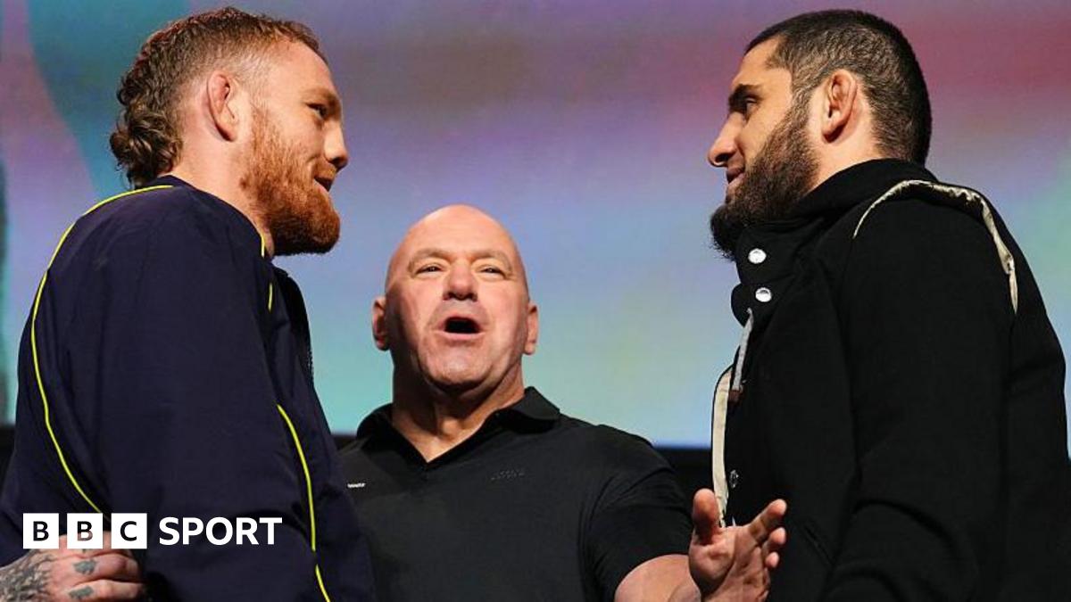 Jack Della Maddalena is stopped by Dana White from getting closer to Islam Makhachev during a face-off